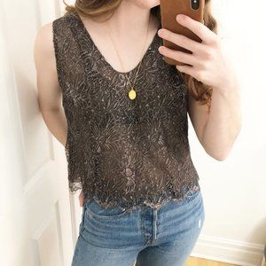 Stunning Vintage 100% Silk Trim Lace Blouse Top